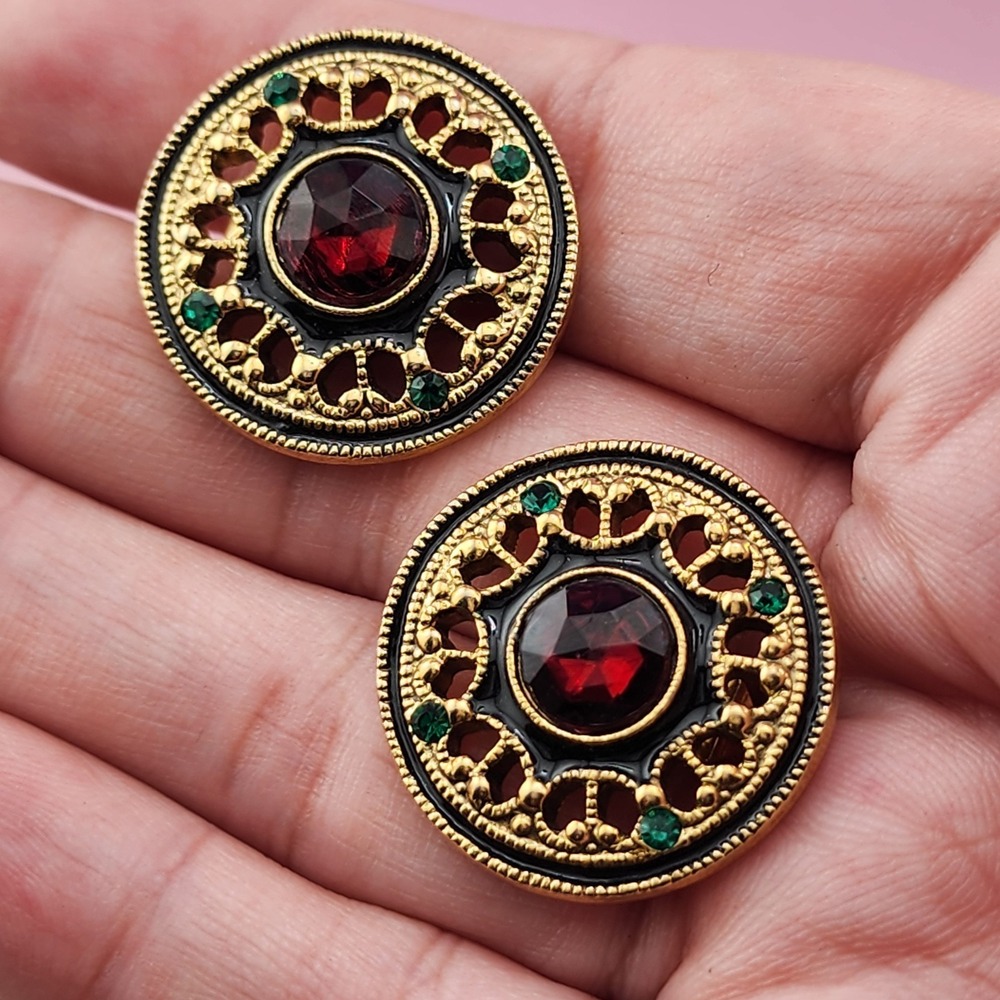 Gold Tone Filigree Clip On Earrings Red Green Rhinestone Black Enamel Round 1"